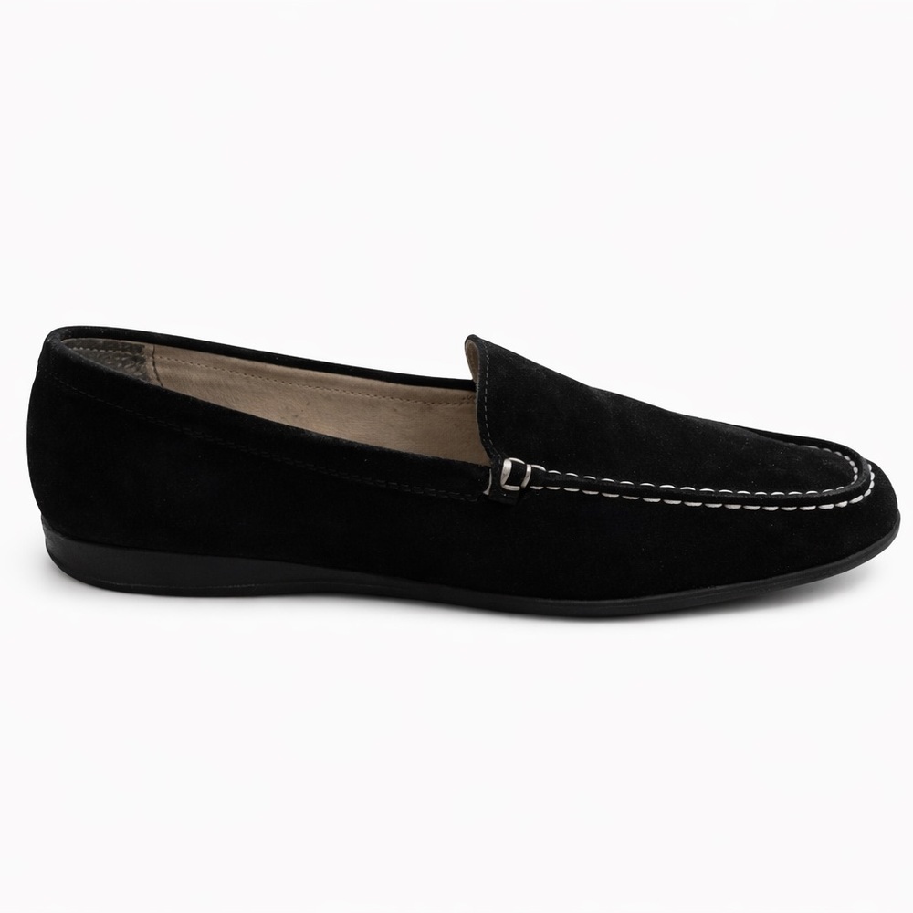 Vero Comfort Black Leather Slip-On Loafers White Stitching Women 7M Runs Narrow - Picture 3 of 5